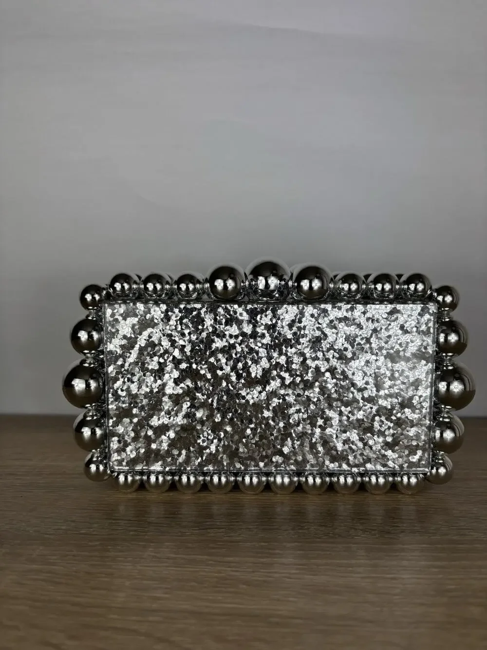 Silver Glitter Acrylic Box Clutch Bubble Ball Evening Bag Crossbody Chain Purse
